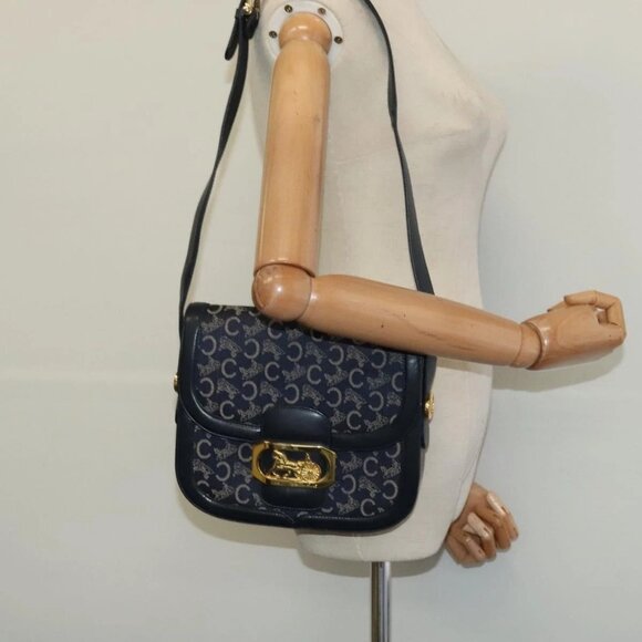 CELINE C Sulky Shoulder Bag Canvas Navy Gold Auth - Picture 1 of 16